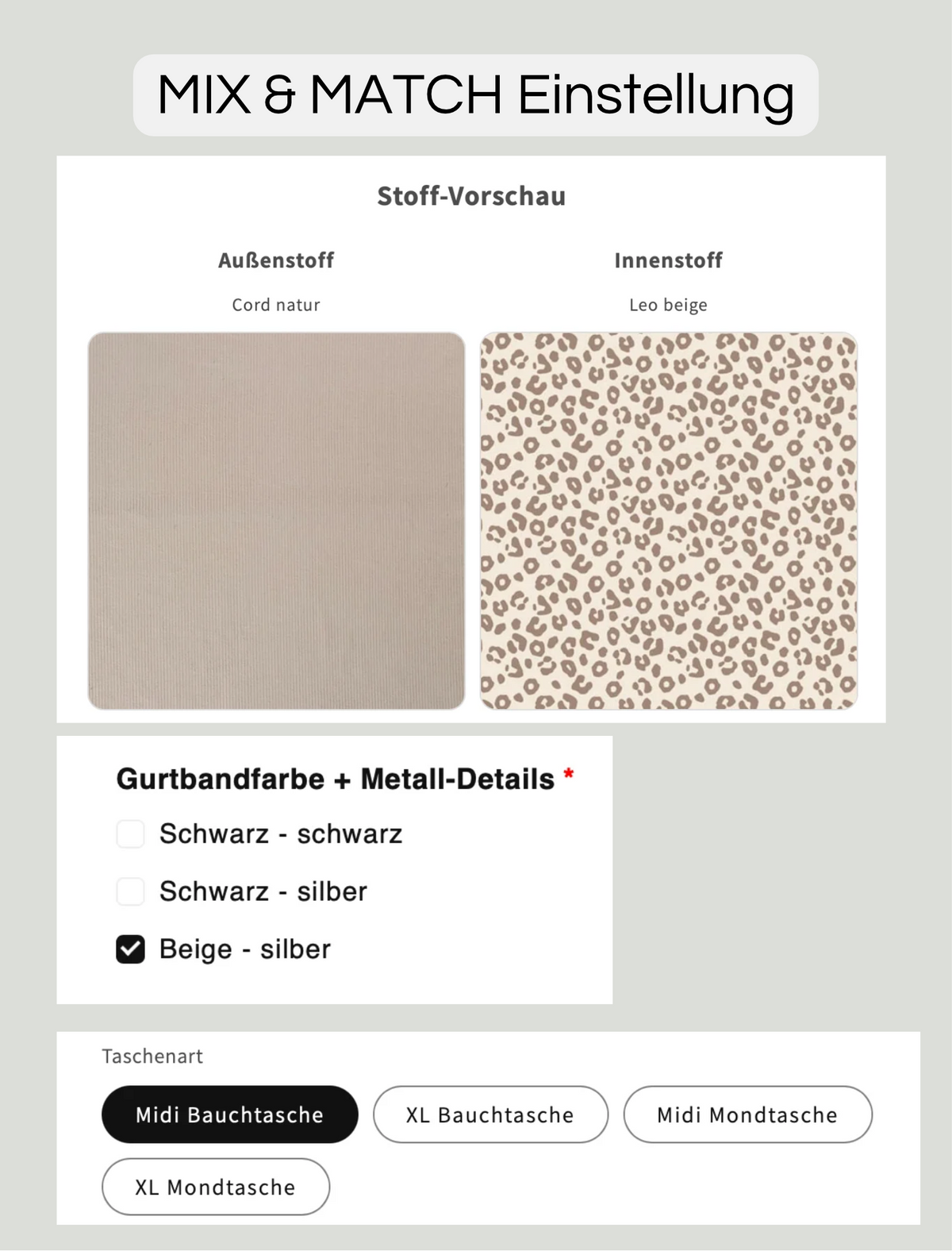 SOFORTKAUF Midi Bauchtasche aus Cord in Natur; innen Leo beige