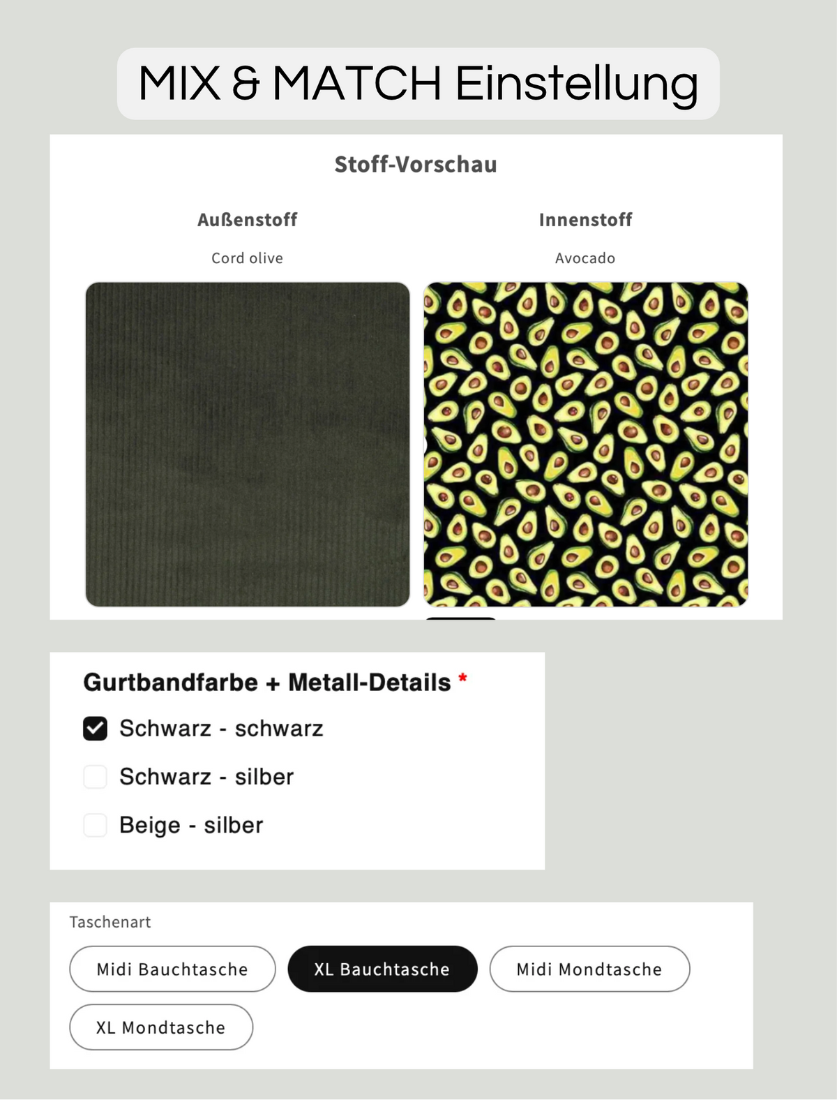 SOFORTKAUF XL Bauchtasche aus Cord Olive mit Avocado