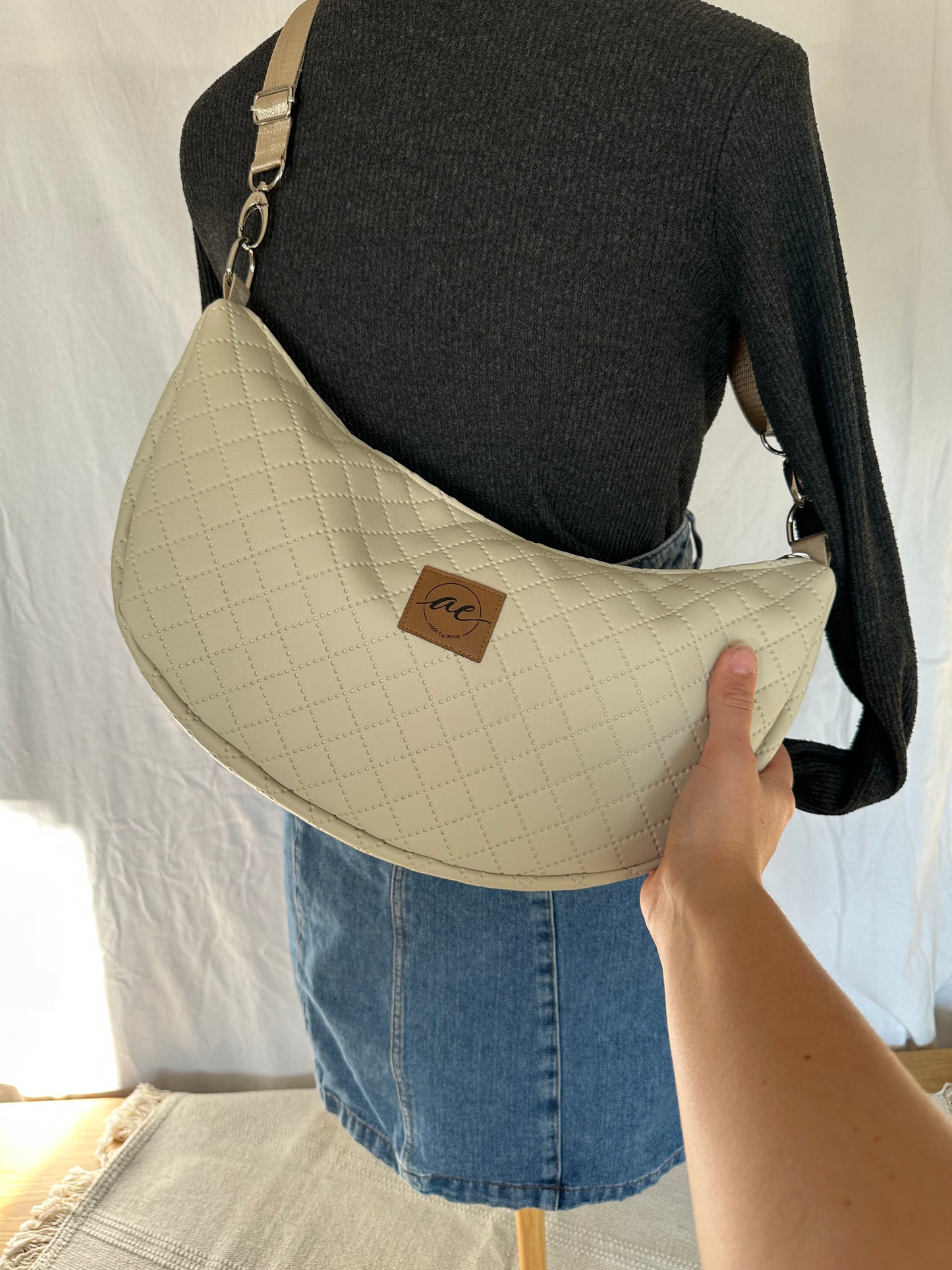 XL Mondtasche Beiges Kunstleder mit Rauten