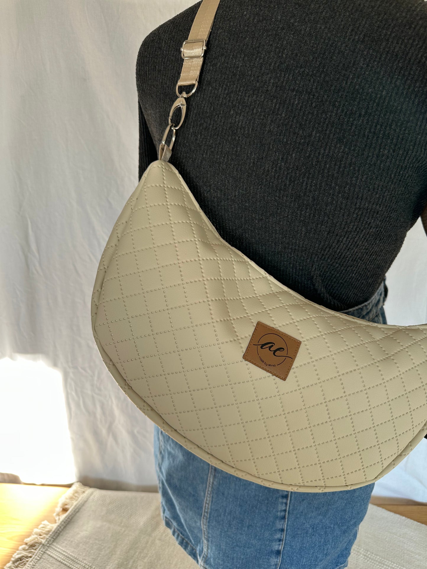 XL Mondtasche Beiges Kunstleder mit Rauten