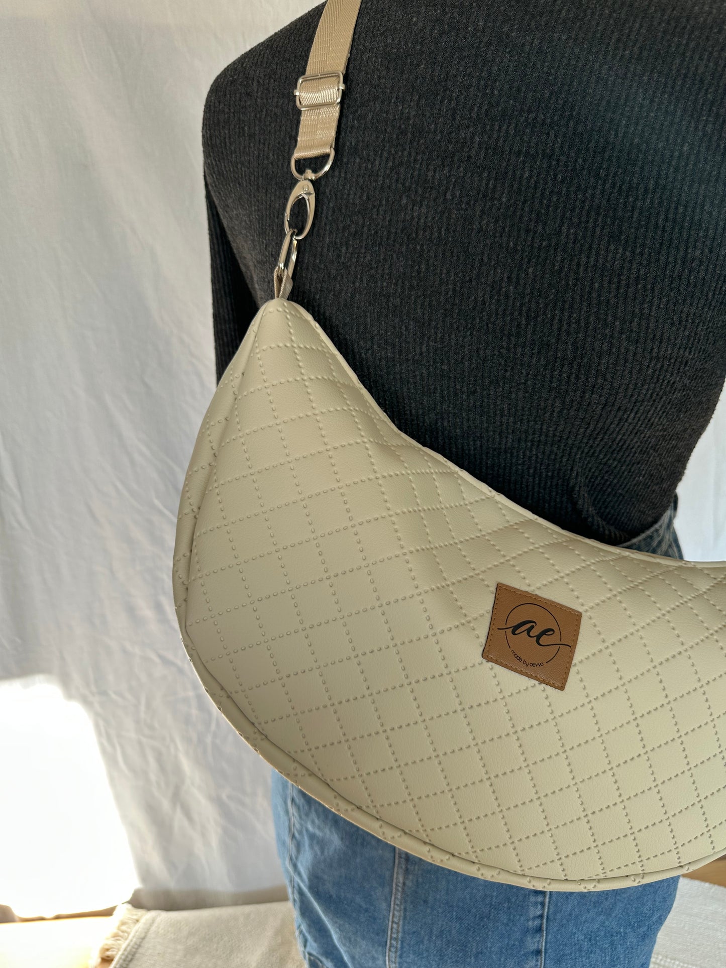 XL Mondtasche Beiges Kunstleder mit Rauten