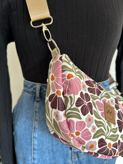Midi Mondtasche aus Feincord Blumen-Power