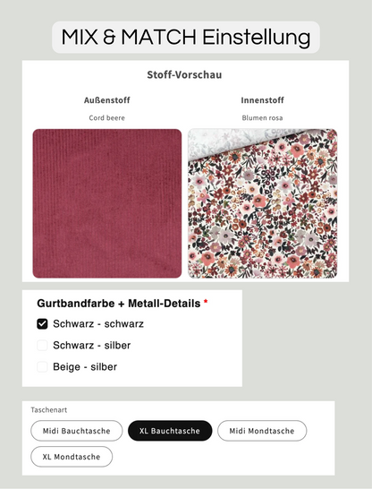 SOFORTKAUF XL Bauchtasche aus Cord in Beere mit rosa Blumenmuster