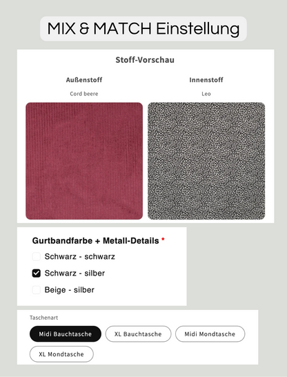 SOFORTKAUF Midi Bauchtasche aus Cord in Beere mit Leomuster