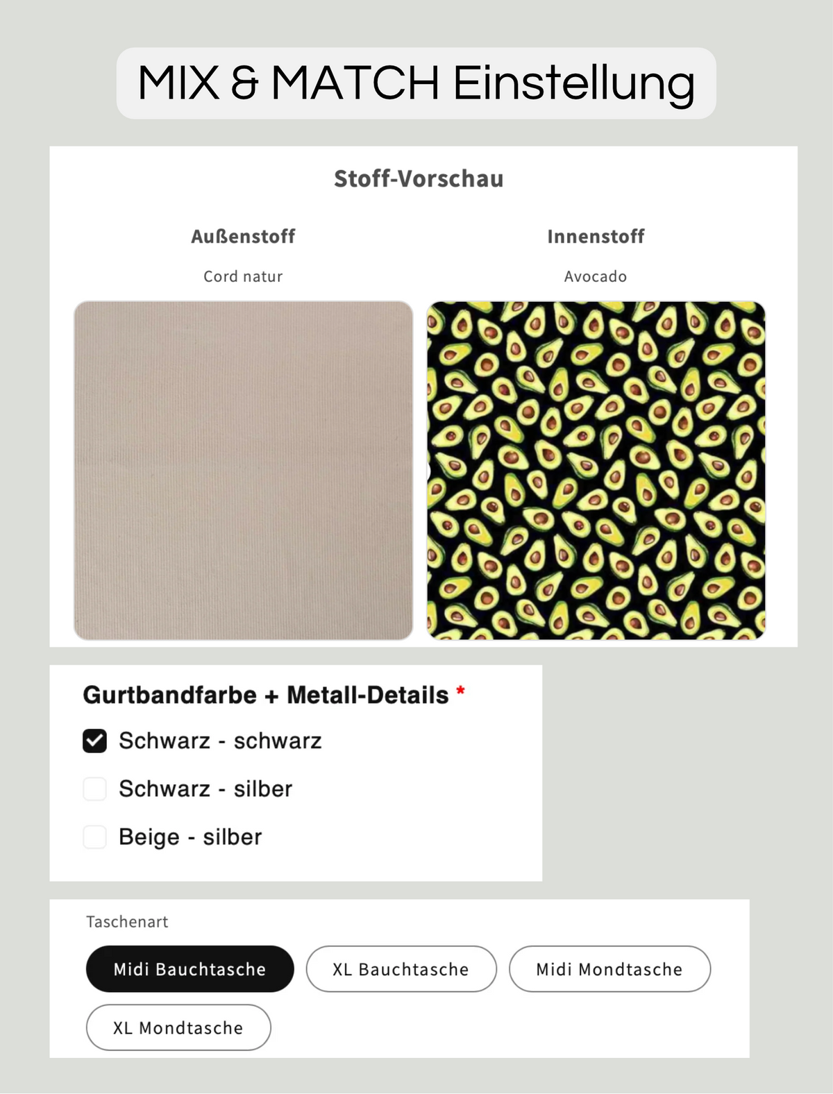 SOFORTKAUF Midi Bauchtasche aus Cord in Natur mit Avocado