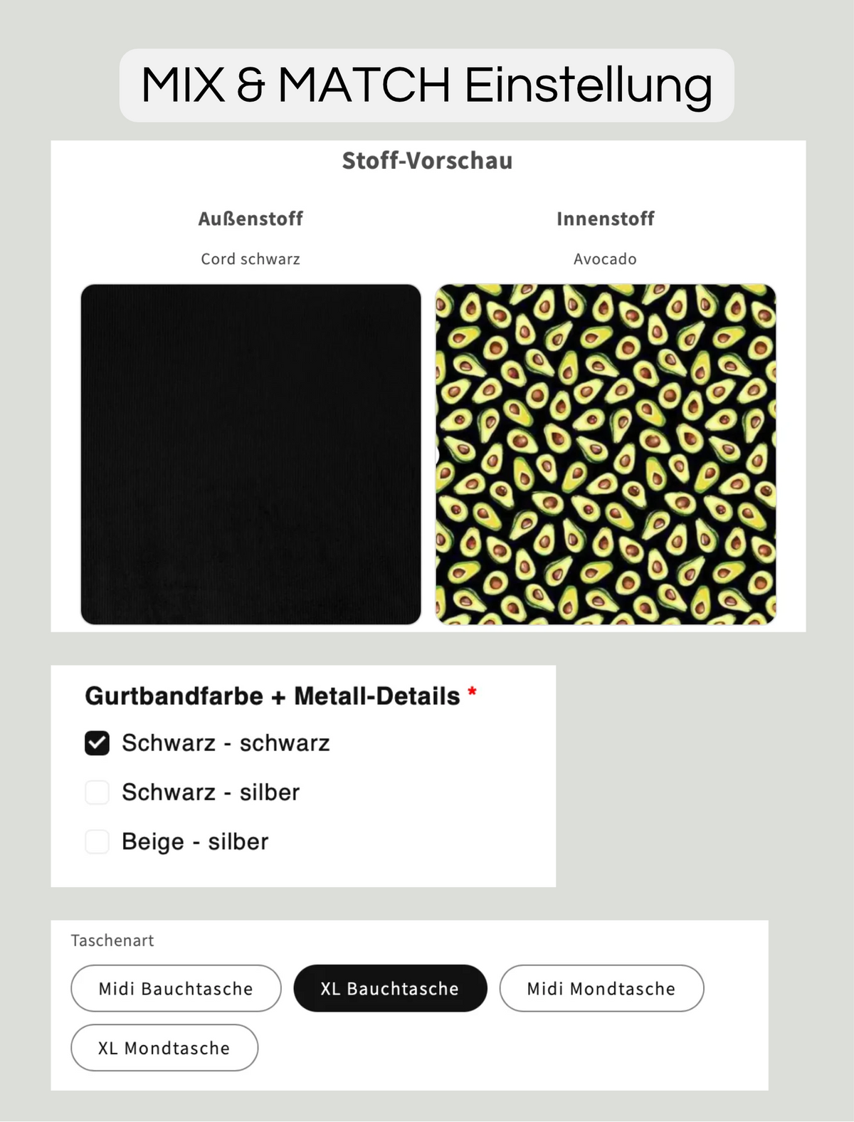 SOFORTKAUF XL Bauchtasche aus Cord schwarz mit Avocadomuster