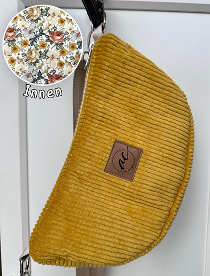 SOFORTKAUF Midi Mondtasche aus Cord in gelb mit Blumen beige
