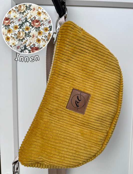 SOFORTKAUF Midi Mondtasche aus Cord in gelb mit Blumen beige